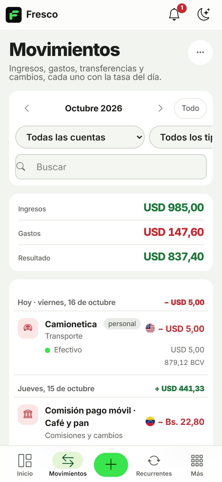Lista de movimientos con montos en bolívares, dólares y USDT y su equivalente en dólares